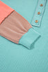 Button Henley Patchwork Textured Knit Balloon Sleeve Top Longline Casual
